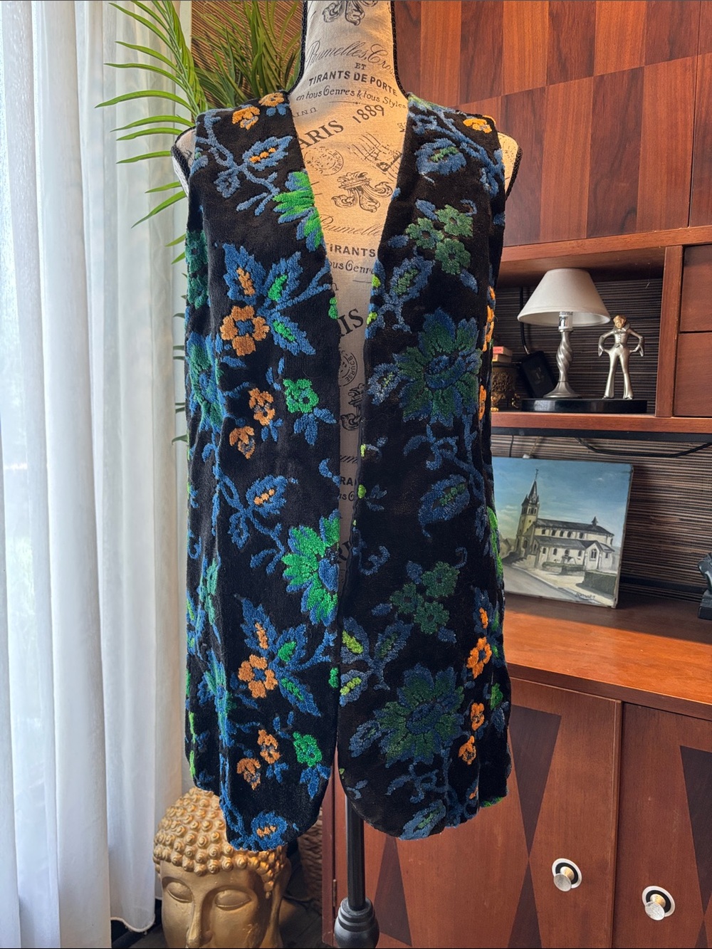 Floral brocade velvet thick Embroidered Black boho 70s 60s funky retro vest